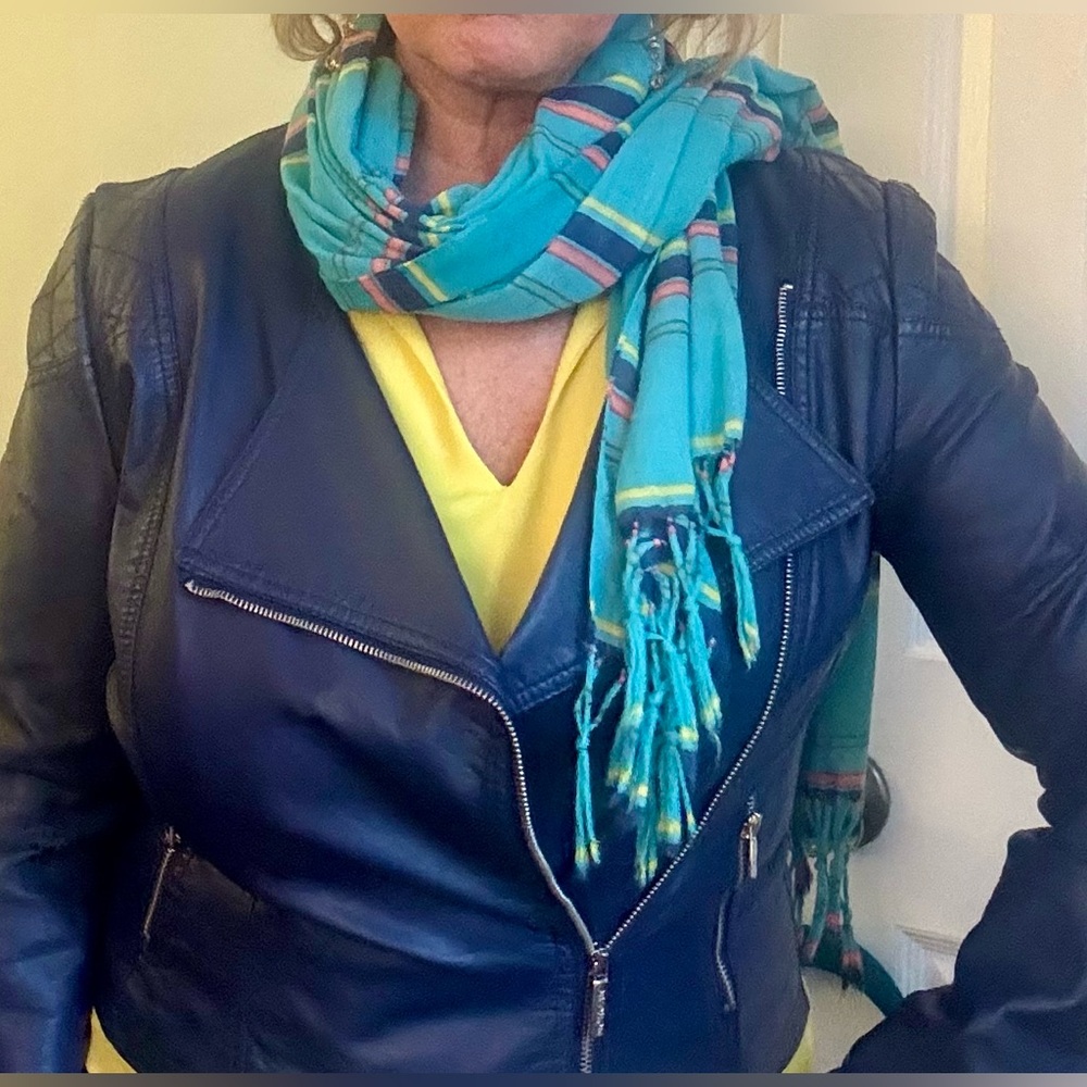 Long fashion striped scarf with fringe - teal, navy, yellow, salmon, green - Picture 11 of 11